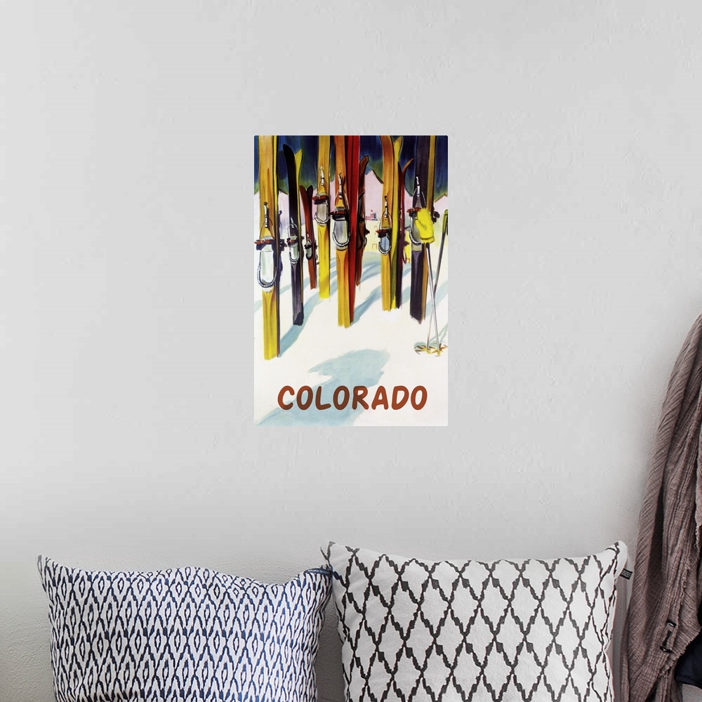 A bohemian room featuring Colorado - Colorful Skis: Retro Travel Poster
