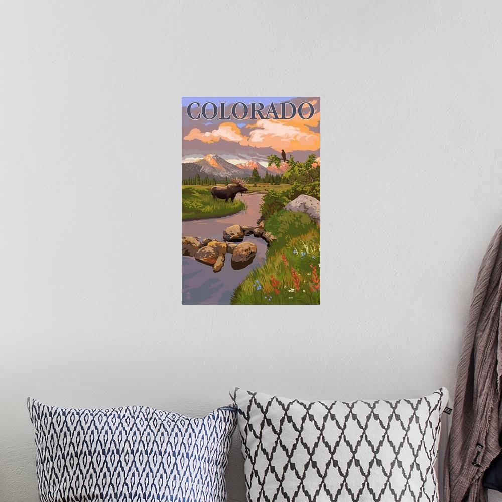 A bohemian room featuring Colorado - Moose and Meadow Scene: Retro Travel Poster