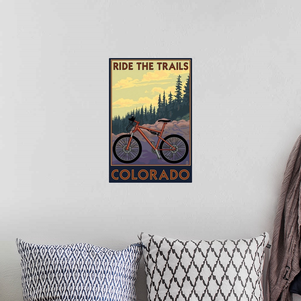 A bohemian room featuring Colorado - Mountain Bike Scene: Retro Travel Poster