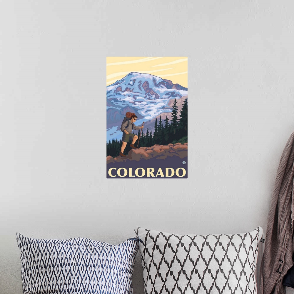 A bohemian room featuring Colorado Mountain Hiker: Retro Travel Poster