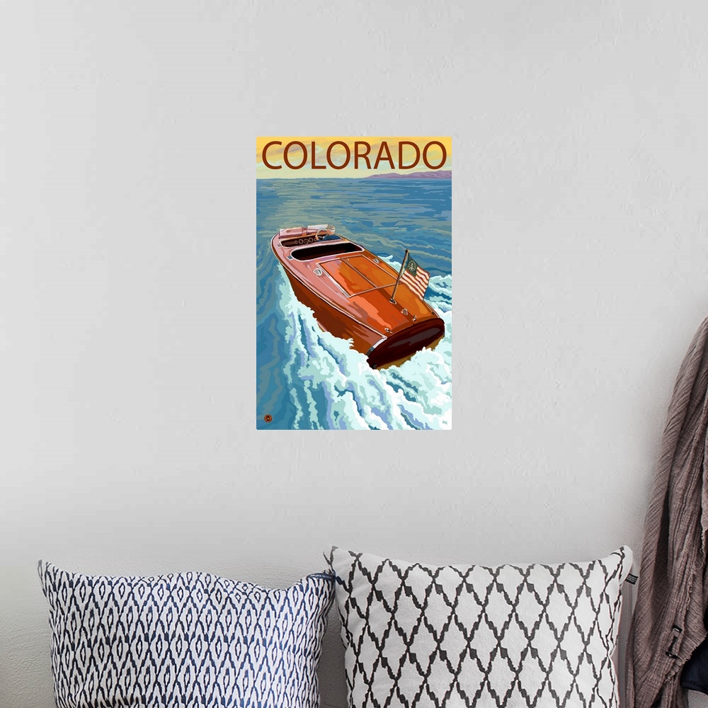 A bohemian room featuring Colorado - Wooden Boat Scene: Retro Travel Poster
