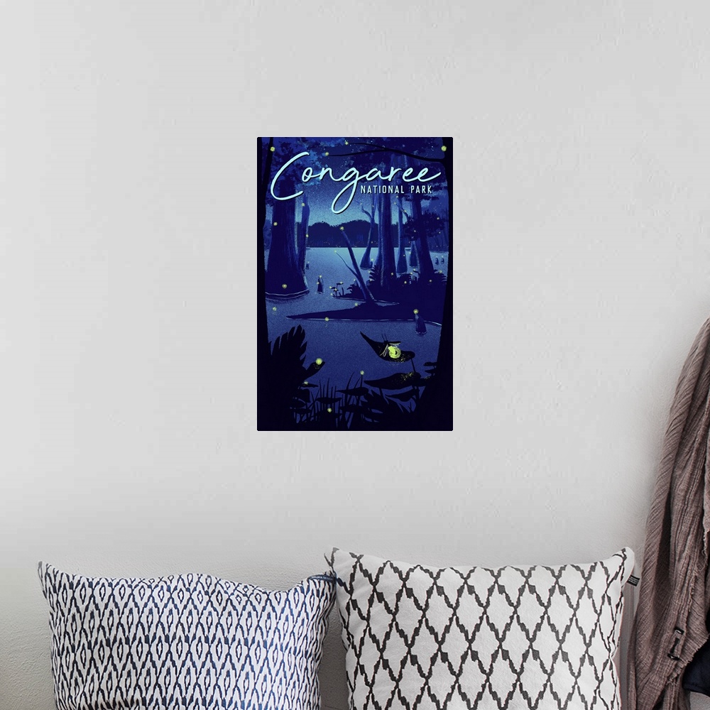 A bohemian room featuring Congaree National Park, Lightning Bugs: Retro Travel Poster