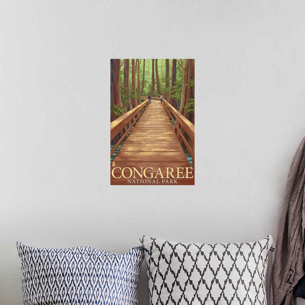 A bohemian room featuring Congaree National Park - Walkway: Retro Travel Poster