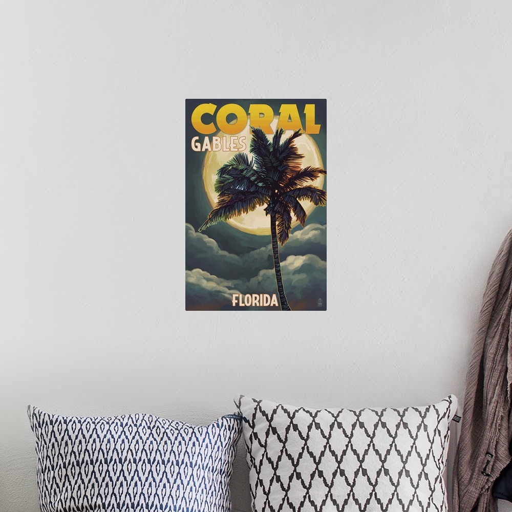 A bohemian room featuring Coral Gables, Florida - Palms and Moon: Retro Travel Poster