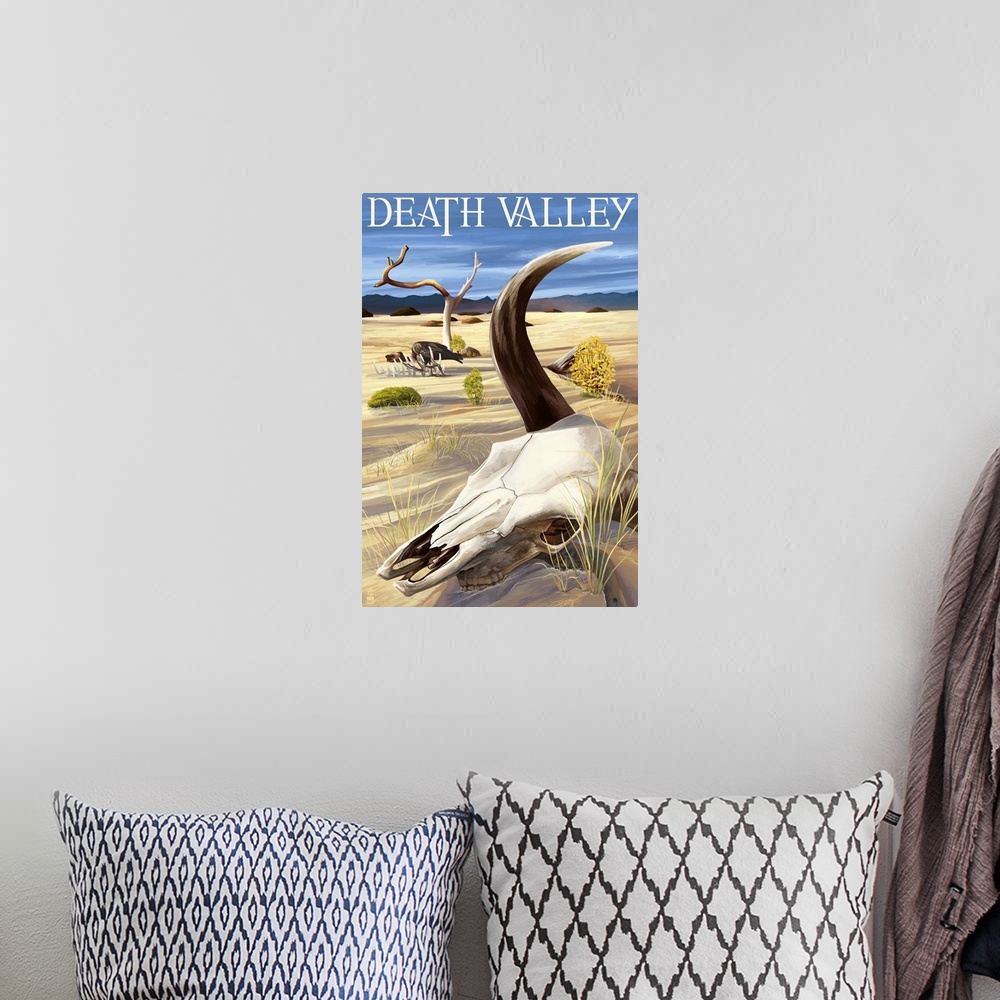 A bohemian room featuring Retro stylized art poster of a bull skull laying in the sand of a dry desert.