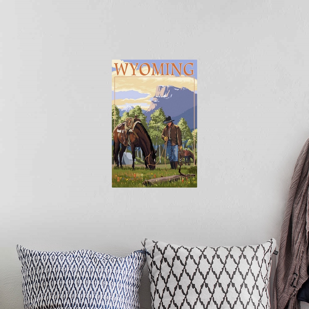 A bohemian room featuring Retro stylized art poster of a cowboy letting his horse graze on lush green grass.
