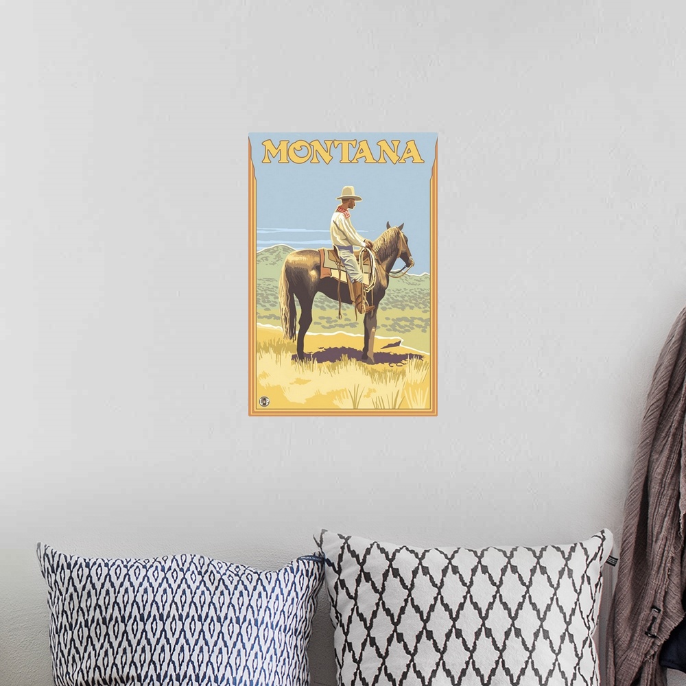 A bohemian room featuring Cowboy on Horseback - Montana: Retro Travel Poster