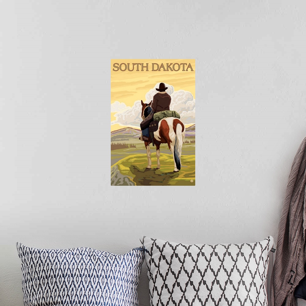 A bohemian room featuring Cowboy (View from Back) - South Dakota: Retro Travel Poster