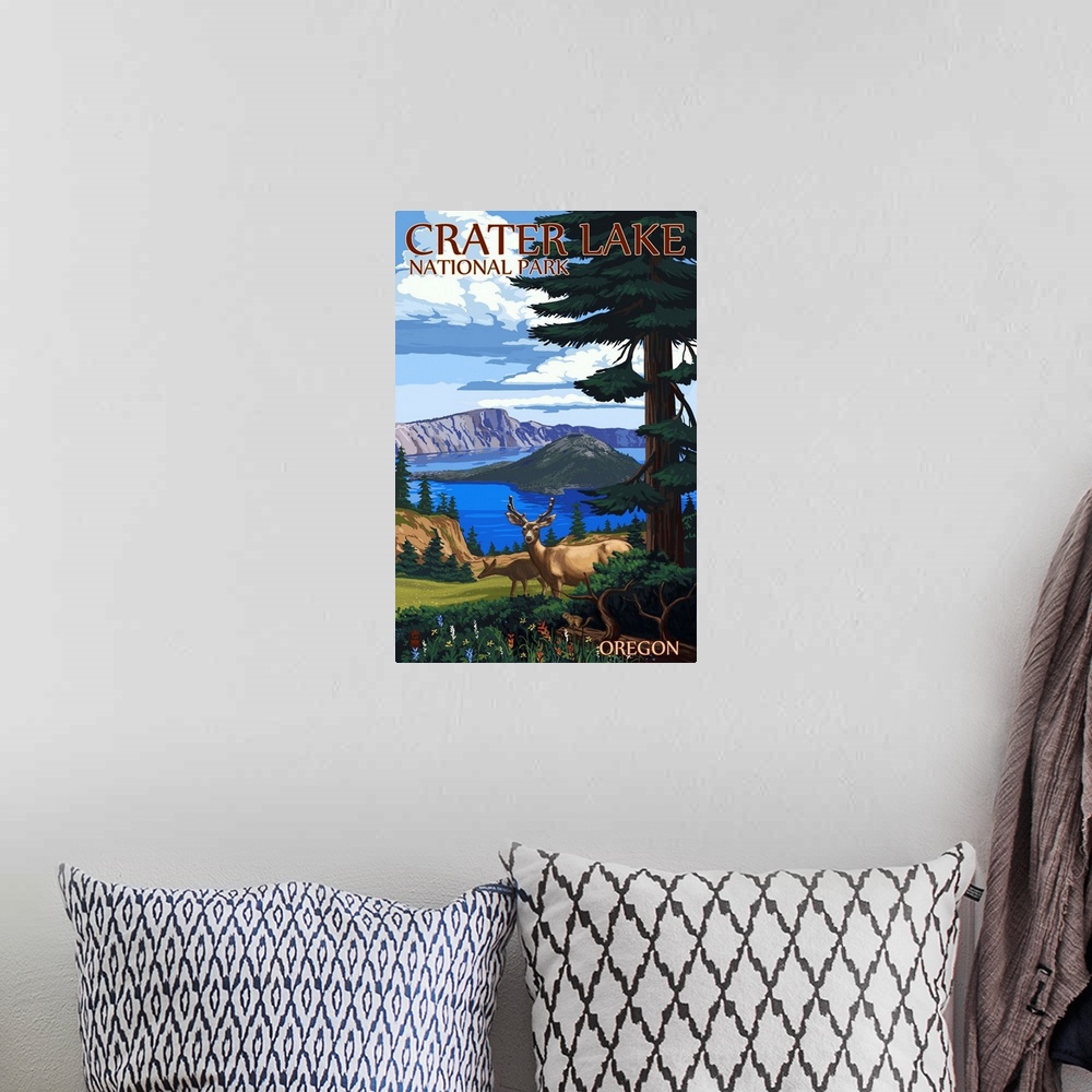 A bohemian room featuring Crater Lake National Park, Oregon - Deer Family: Retro Travel Poster