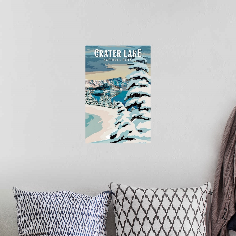 A bohemian room featuring Crater Lake National Park, Winter Landscape: Retro Travel Poster