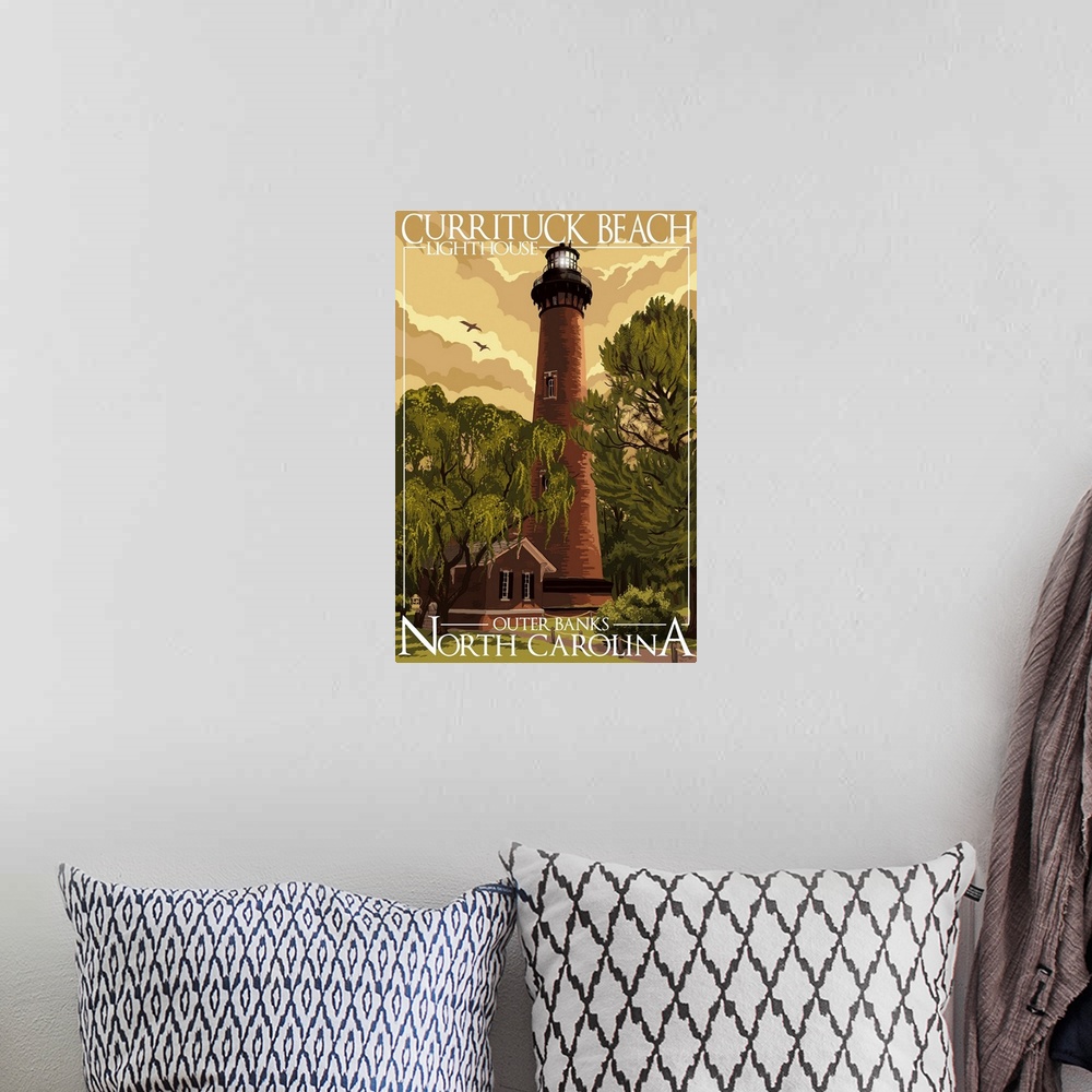 A bohemian room featuring Currituck Beach Lighthouse - Outer Banks, North Carolina: Retro Travel Poster