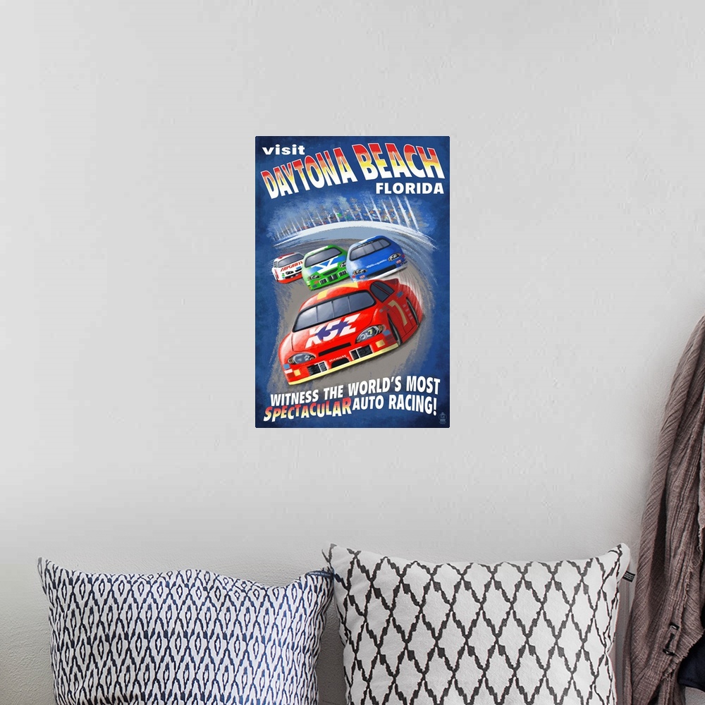 A bohemian room featuring Daytona Beach, Florida - Racecar Scene: Retro Travel Poster