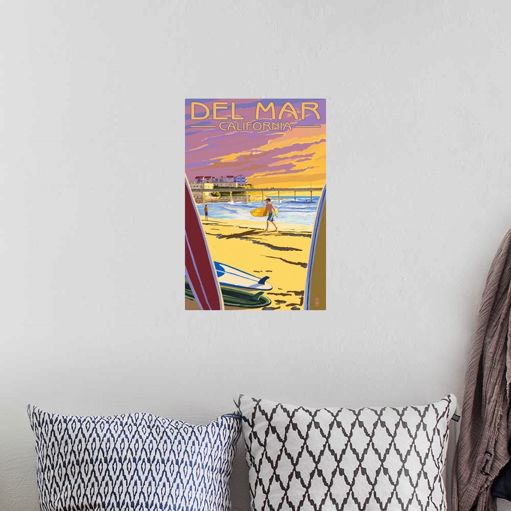 A bohemian room featuring Retro stylized art poster of a surfer on the beach at night, with a pier in the background.
