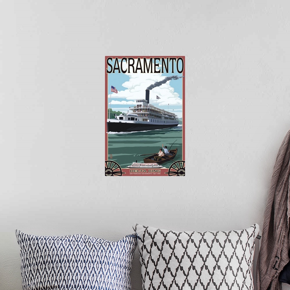 A bohemian room featuring Retro stylized art poster of a riverboat with smoke pouring out of the smokestack.