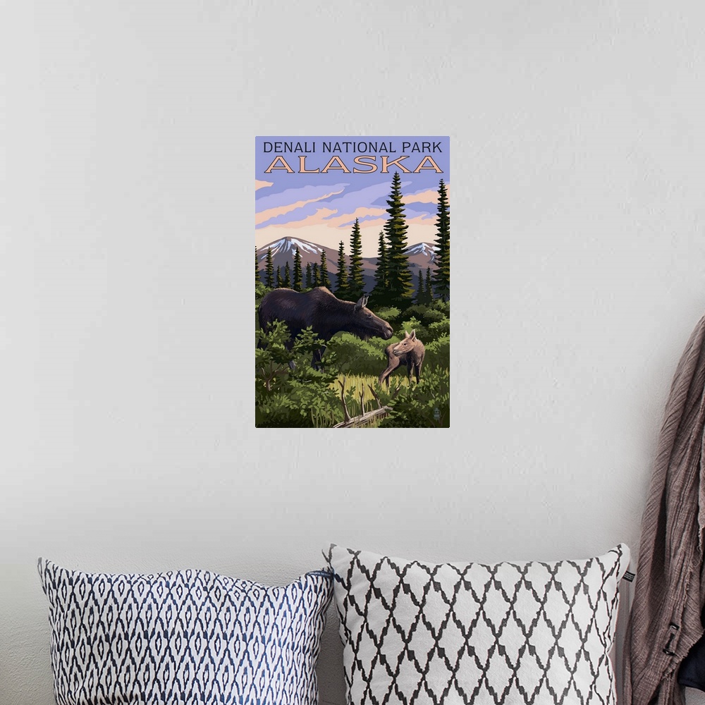A bohemian room featuring A retro stylized art poster of a moose and calf in a forest meadow.