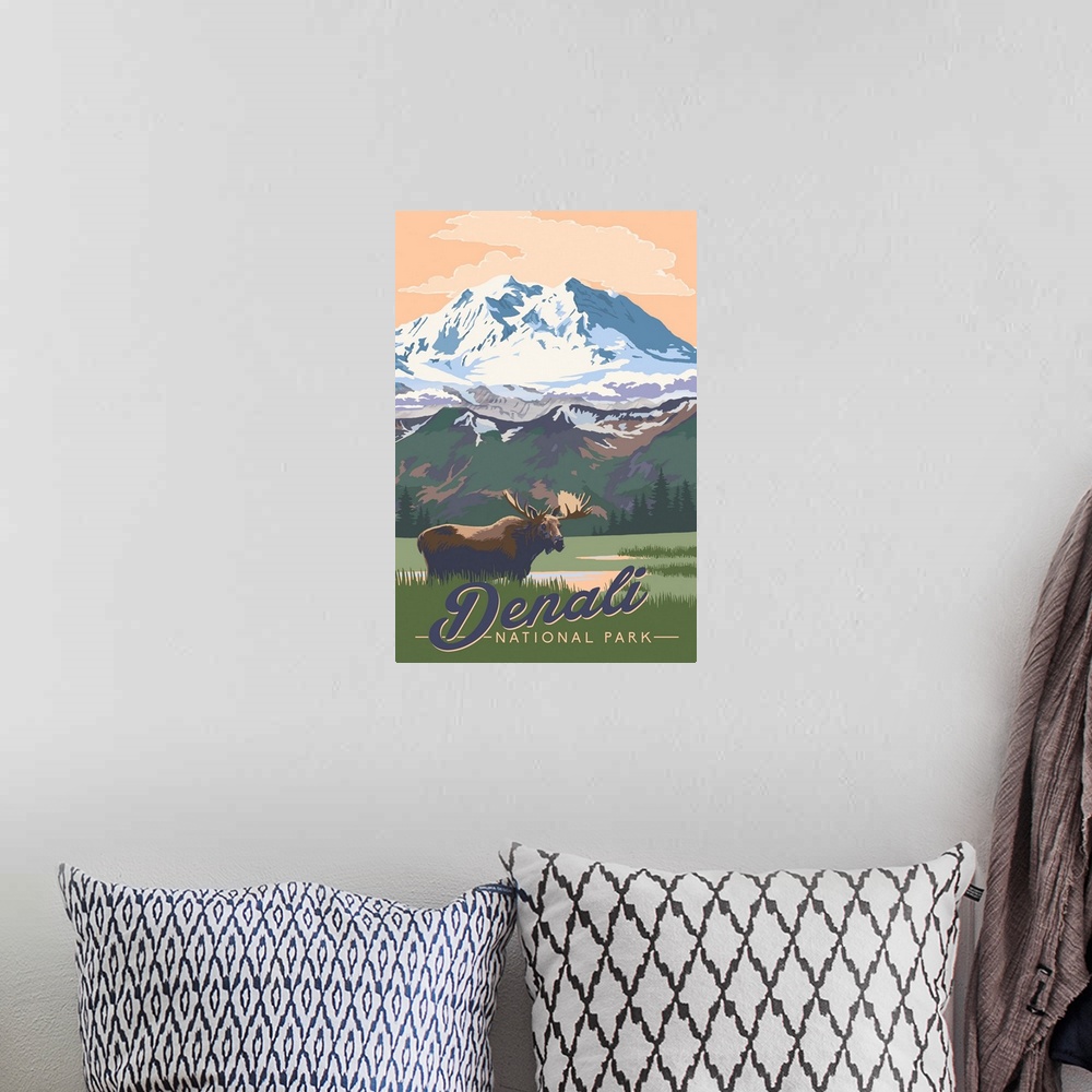 A bohemian room featuring Denali National Park and Preserve, Moose In Nature: Retro Travel Poster