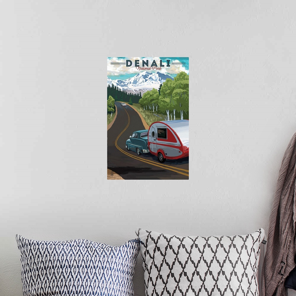 A bohemian room featuring Denali National Park and Preserve, Road Trip: Retro Travel Poster
