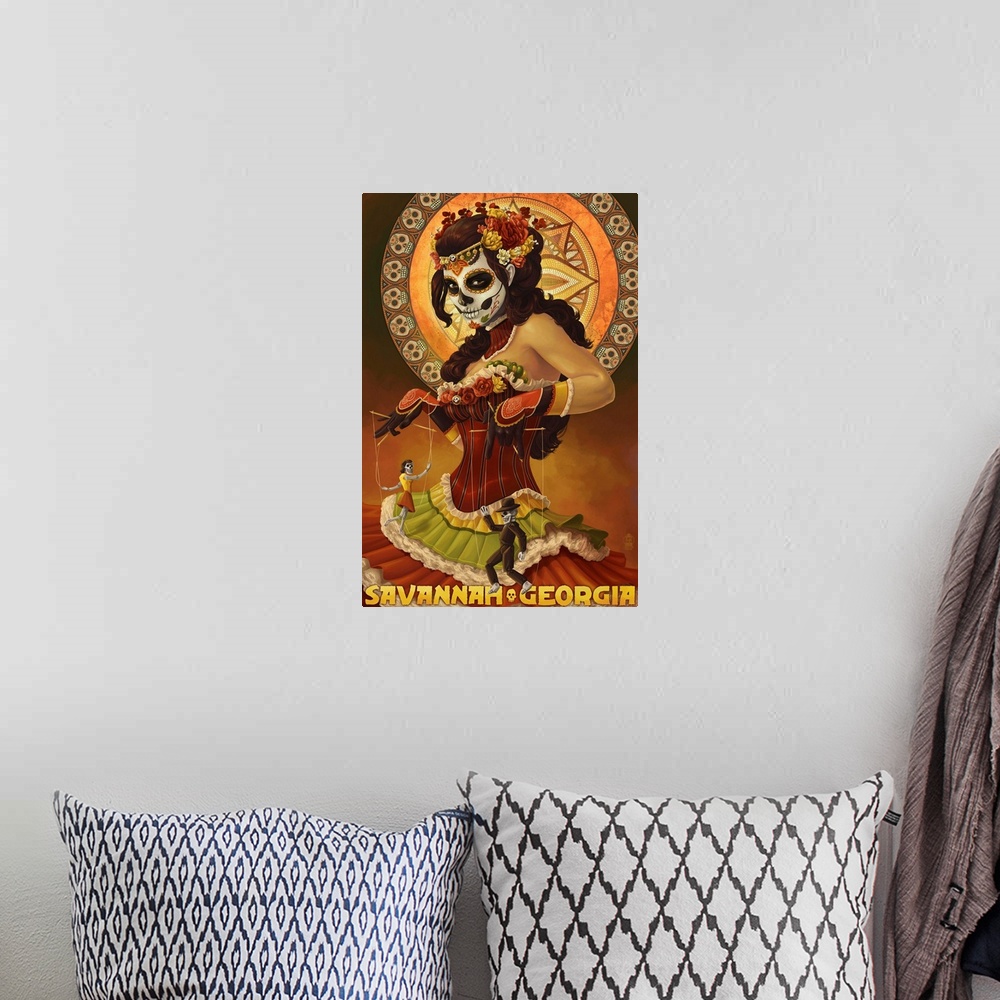 A bohemian room featuring A retro stylized art poster of a dancing skeleton dressed as La Calavera Catrina.