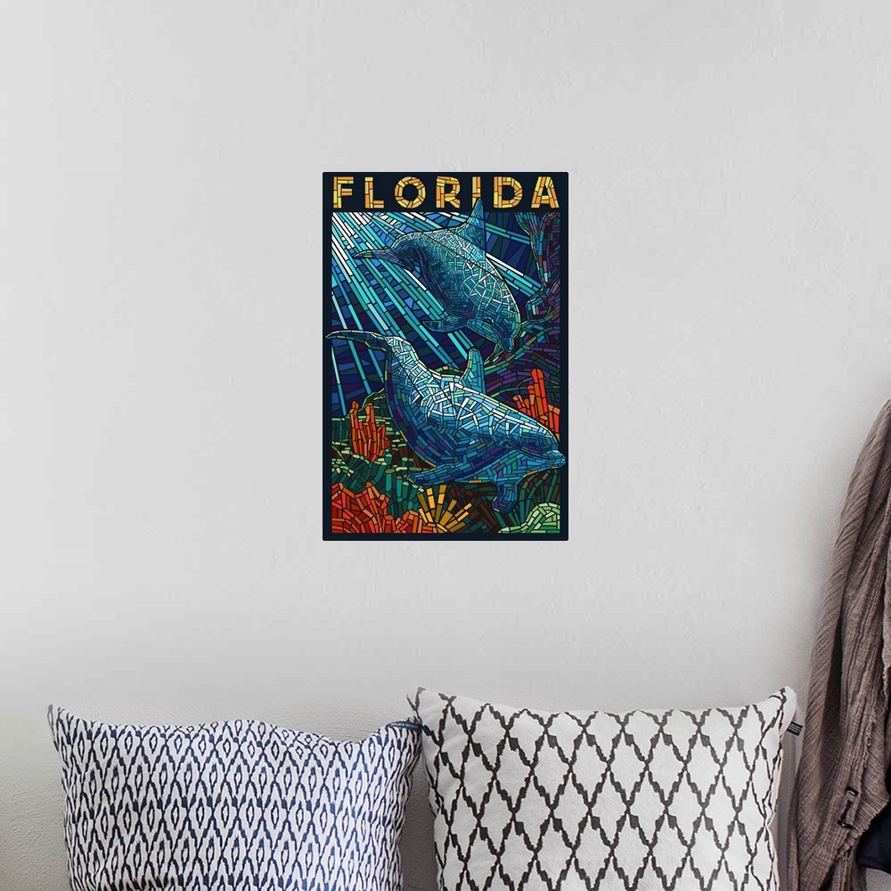A bohemian room featuring Dolphin Paper Mosaic - Florida: Retro Travel Poster