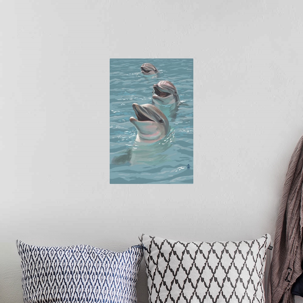 A bohemian room featuring Dolphins: Retro Poster Art