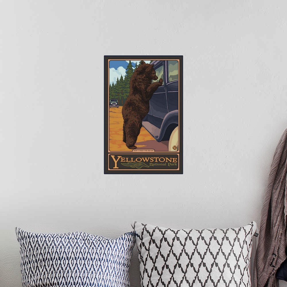 A bohemian room featuring Don't Feed The Bears - Yellowstone: Retro Travel Poster
