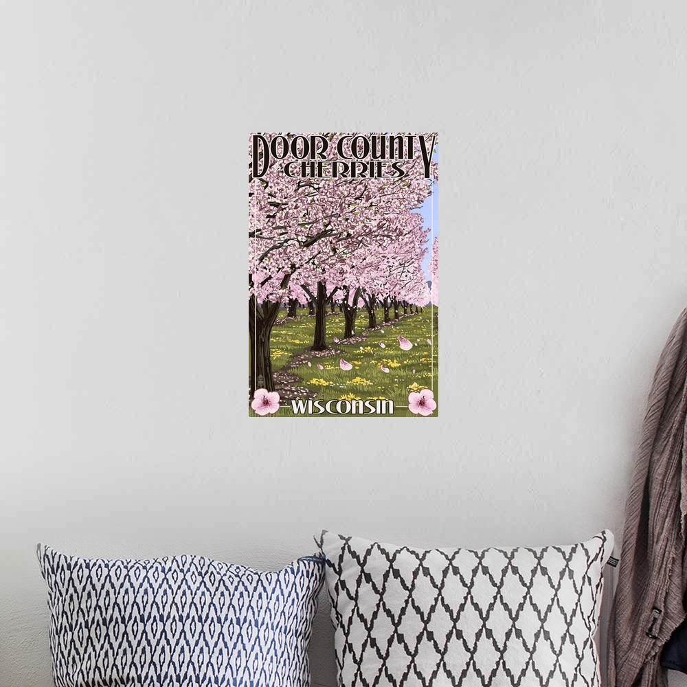 A bohemian room featuring Door County, Wisconsin - Cherry Blossoms: Retro Travel Poster