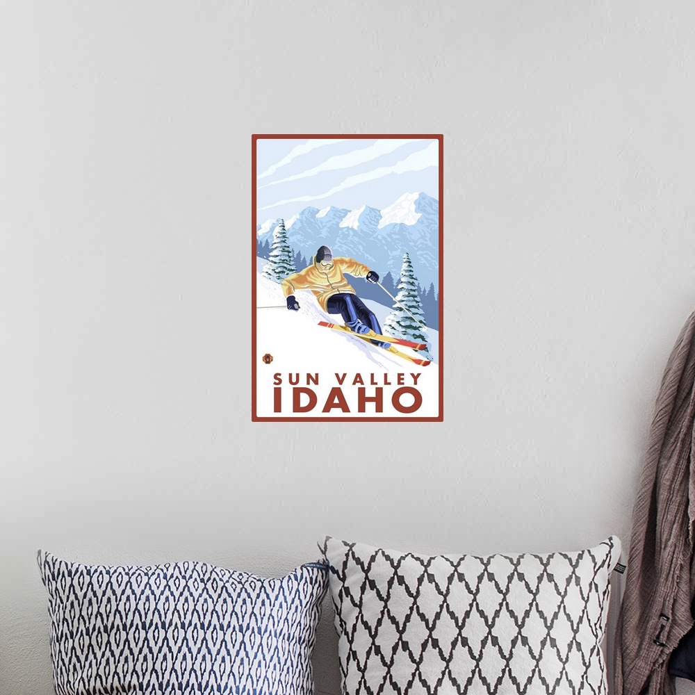 A bohemian room featuring Downhhill Snow Skier - Sun Valley, Idaho: Retro Travel Poster