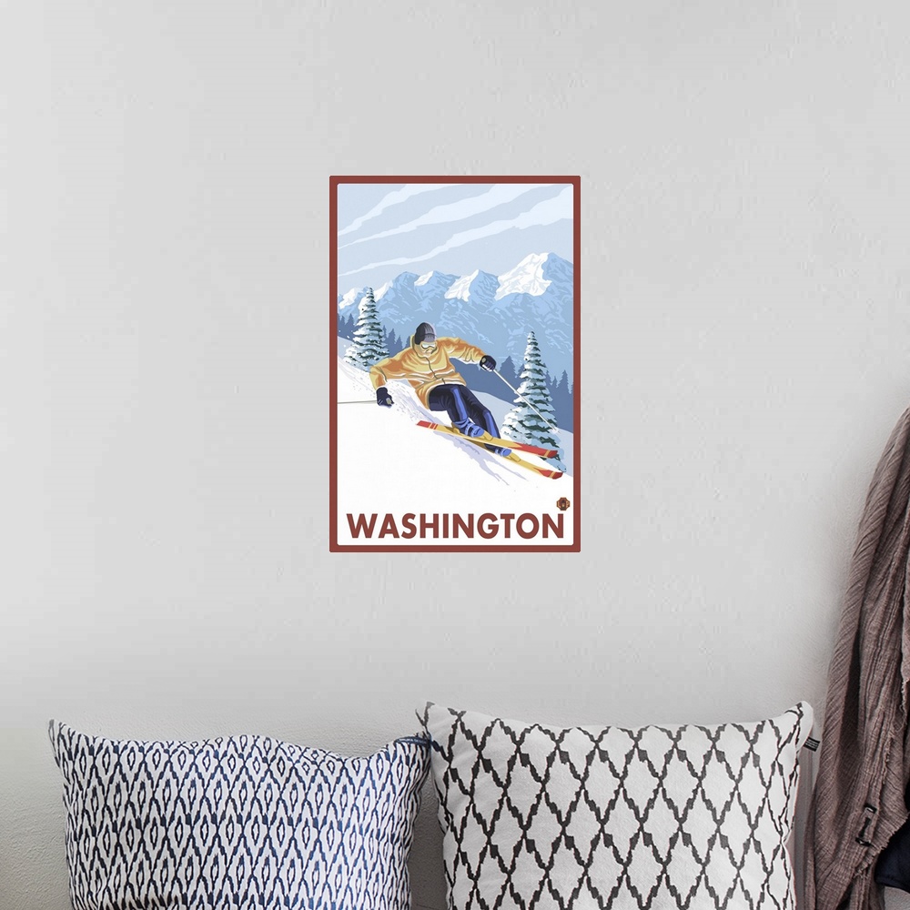 A bohemian room featuring Downhhill Snow Skier - Washington: Retro Travel Poster
