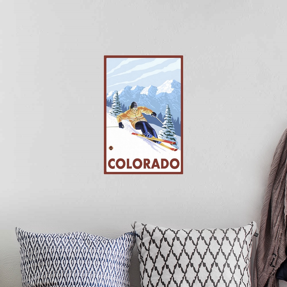 A bohemian room featuring Downhill Snow Skier - Colorado: Retro Travel Poster