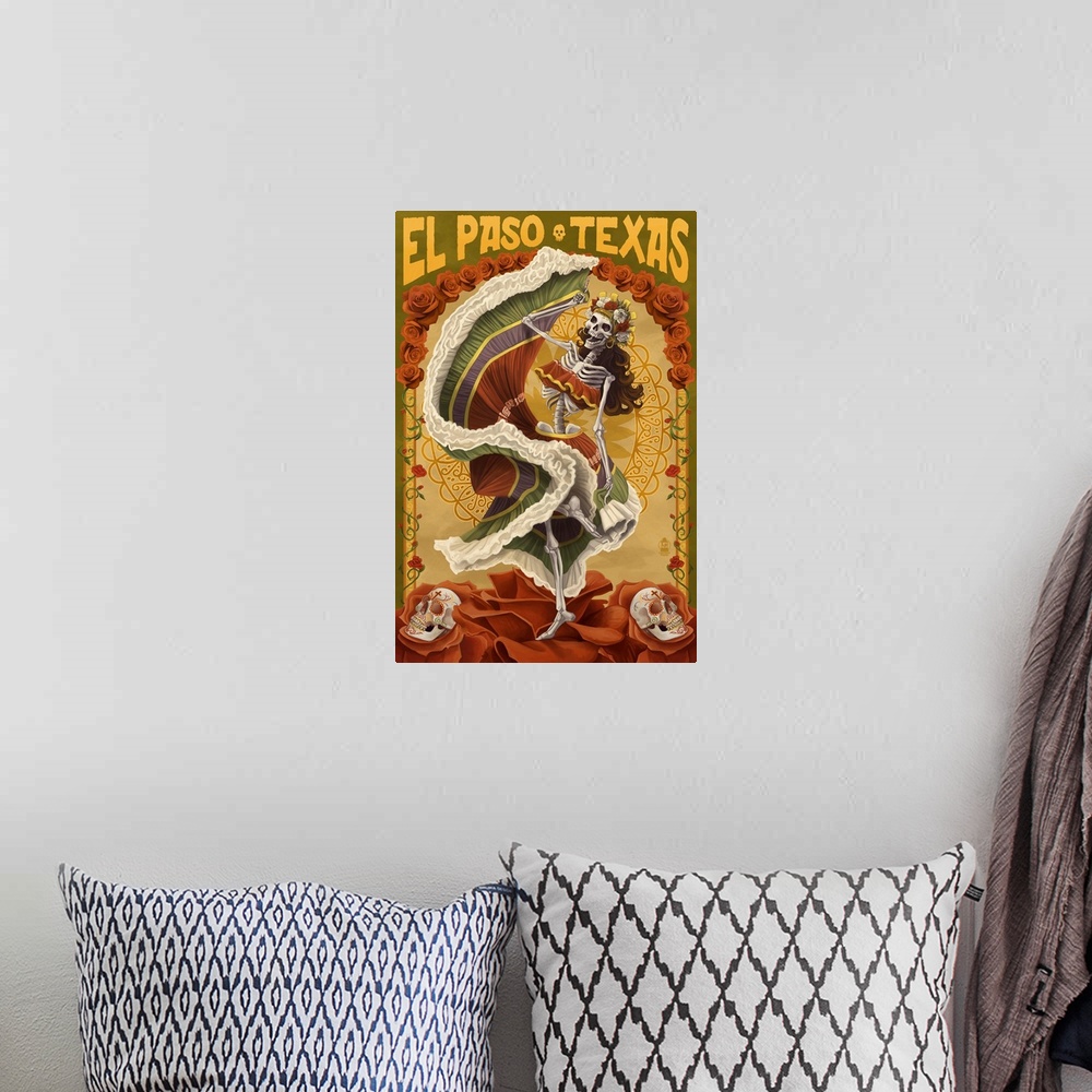 A bohemian room featuring El Paso, Texas - Day of the Dead Dancer: Retro Travel Poster
