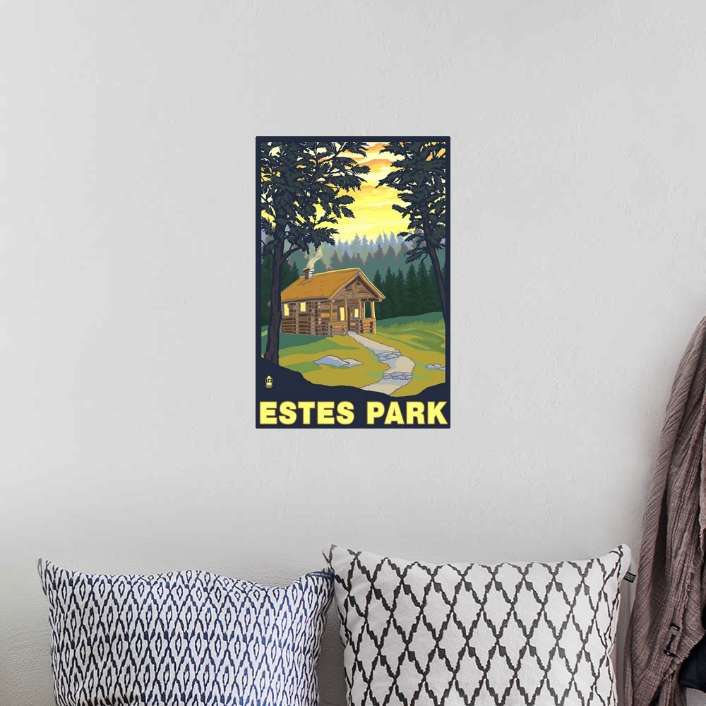 A bohemian room featuring Estes Park, Colorado - Cabin Scene: Retro Travel Poster