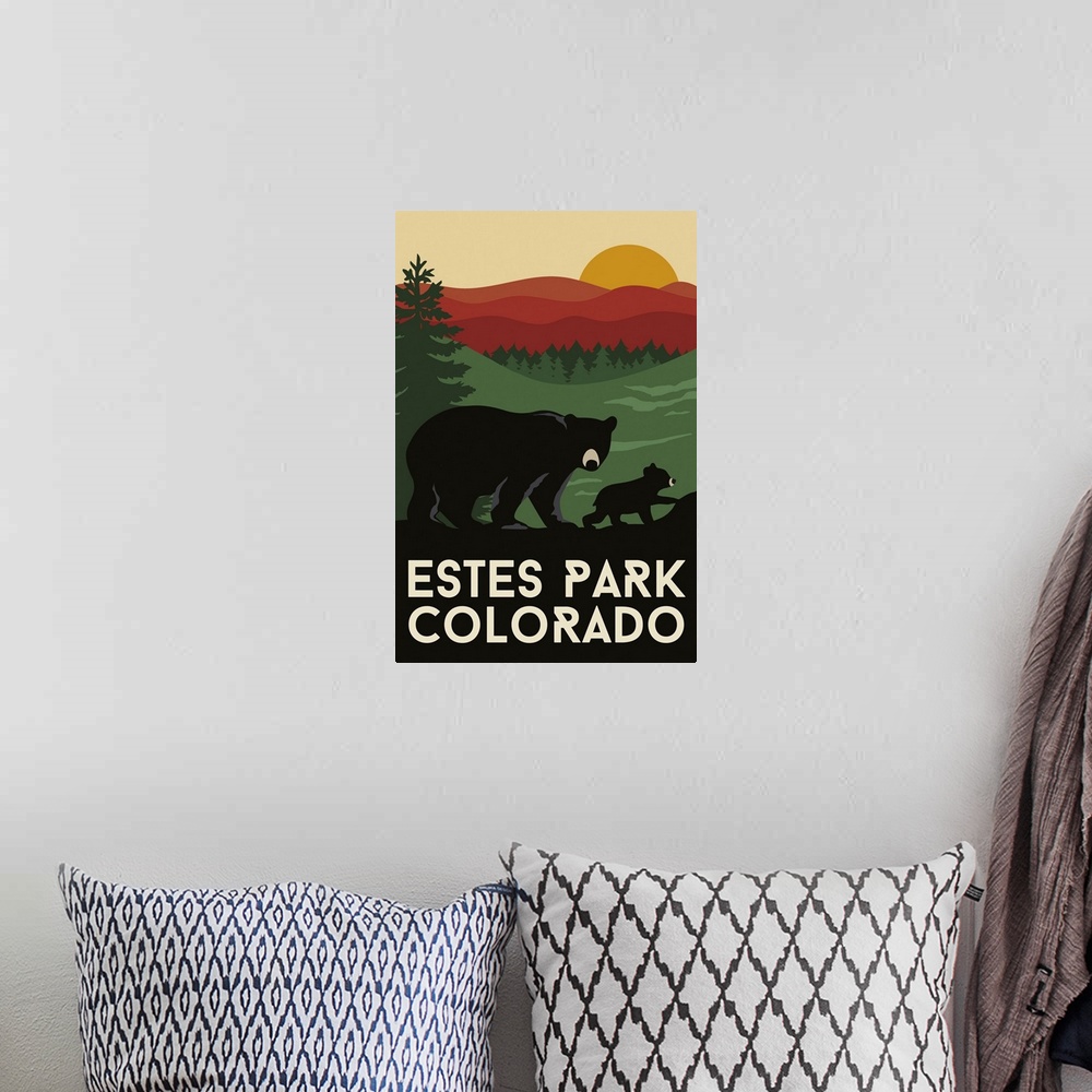 A bohemian room featuring Estes Park, Colorado - Rocky Mountain National Park - Bear & Cub - Fall Colors