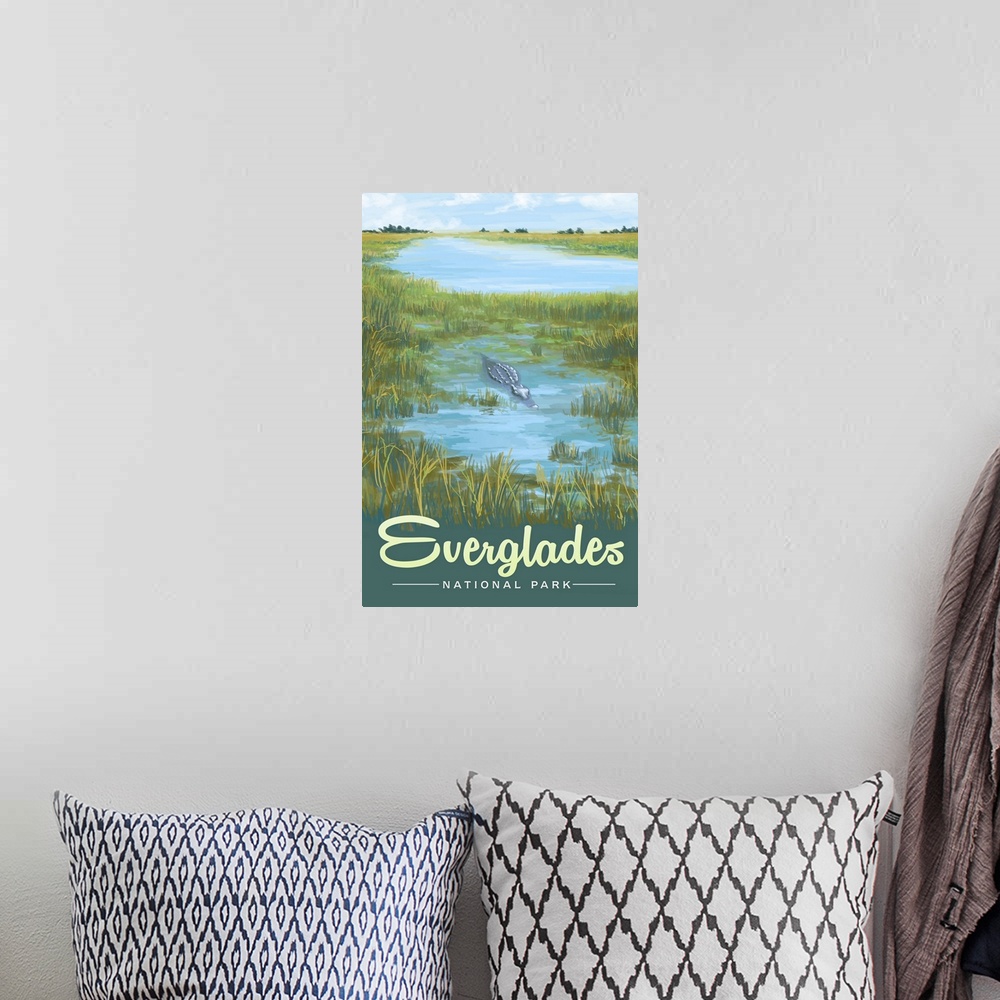 A bohemian room featuring Everglades National Park, Crocodile Lying In Wait: Retro Travel Poster
