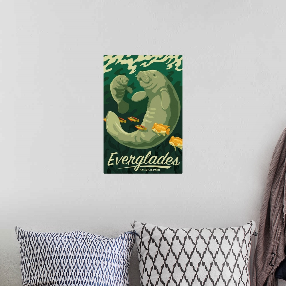A bohemian room featuring Everglades National Park, Manatee And Calf: Graphic Travel Poster