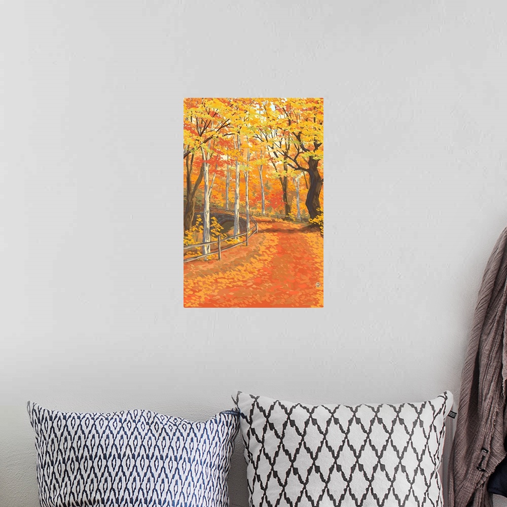 A bohemian room featuring Retro stylized art poster of leaf covered road in a fall colored forest, with a fence running alo...