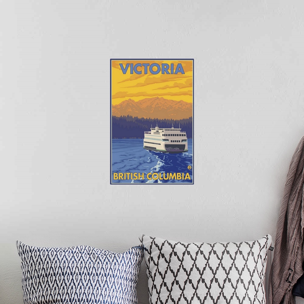 A bohemian room featuring Ferry and Mountains - Victoria, BC Canada: Retro Travel Poster