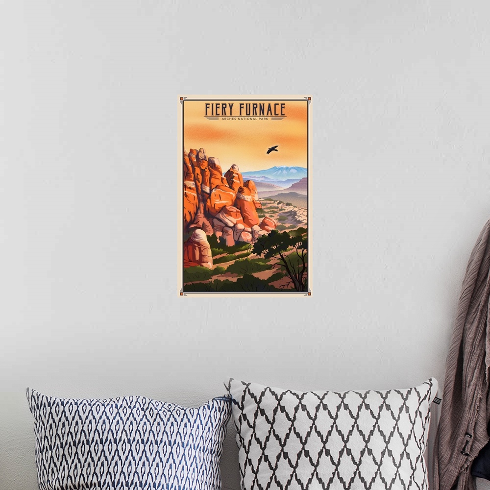 A bohemian room featuring Fiery Furnace National Park, Natural Landscape: Retro Travel Poster