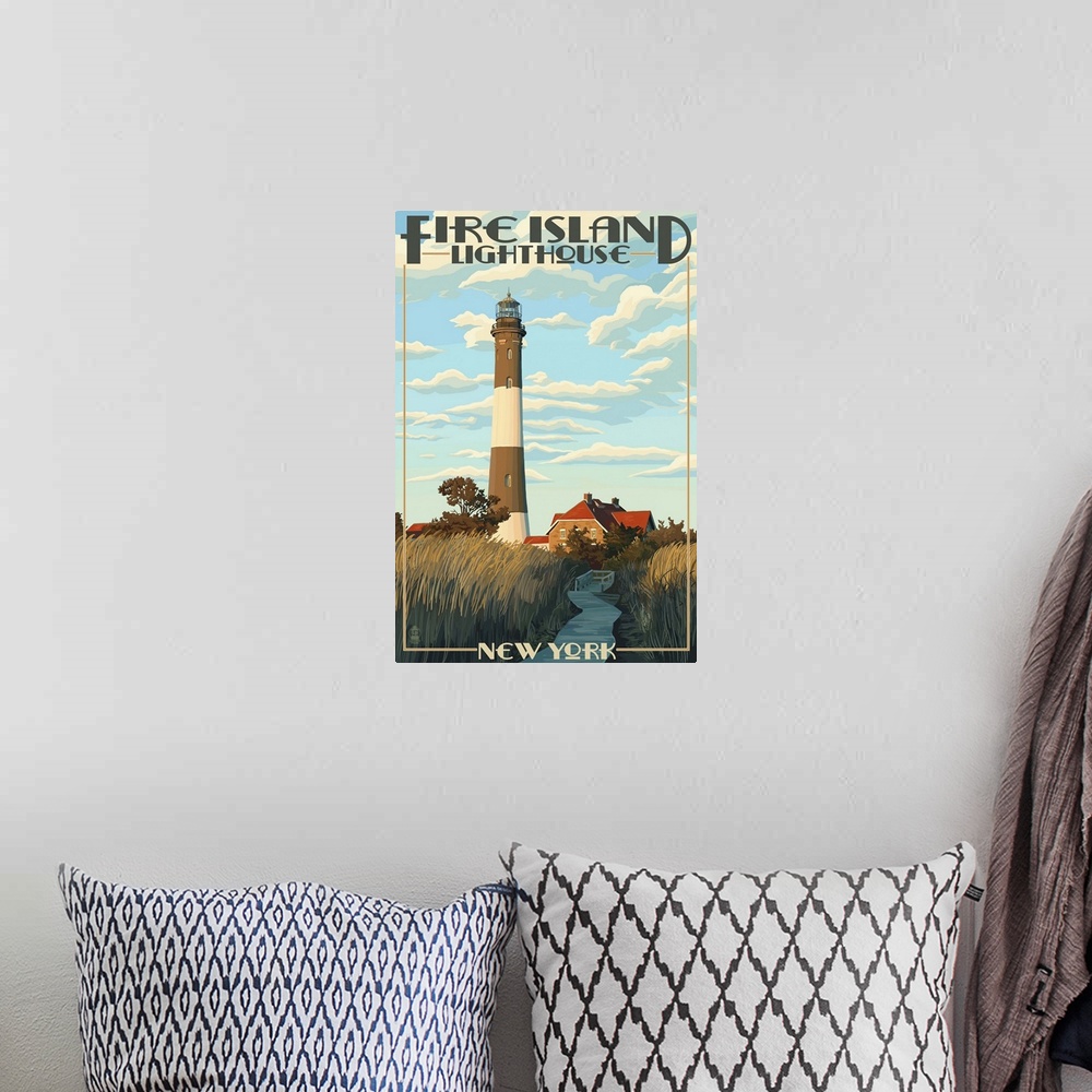 A bohemian room featuring Fire Island Lighthouses - Captree Island, New York: Retro Travel Poster