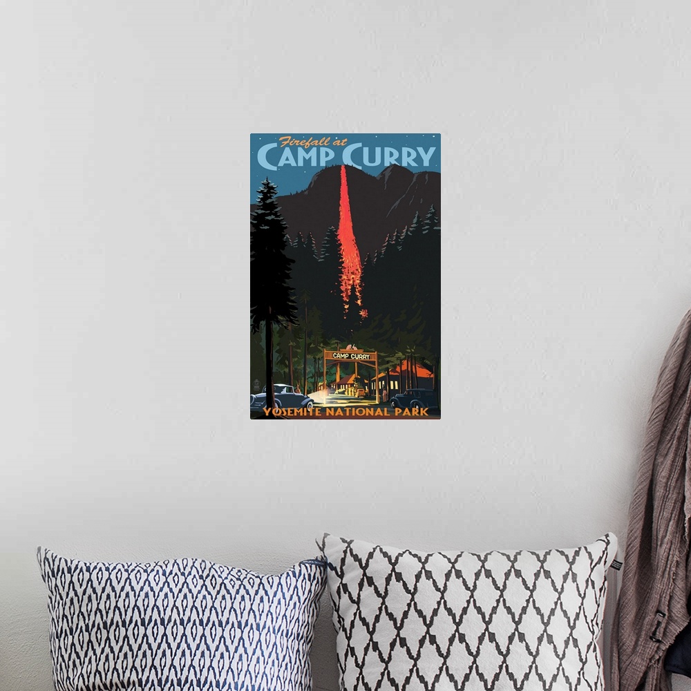A bohemian room featuring Firefall and Camp Curry - Yosemite National Park, California: Retro Travel Poster