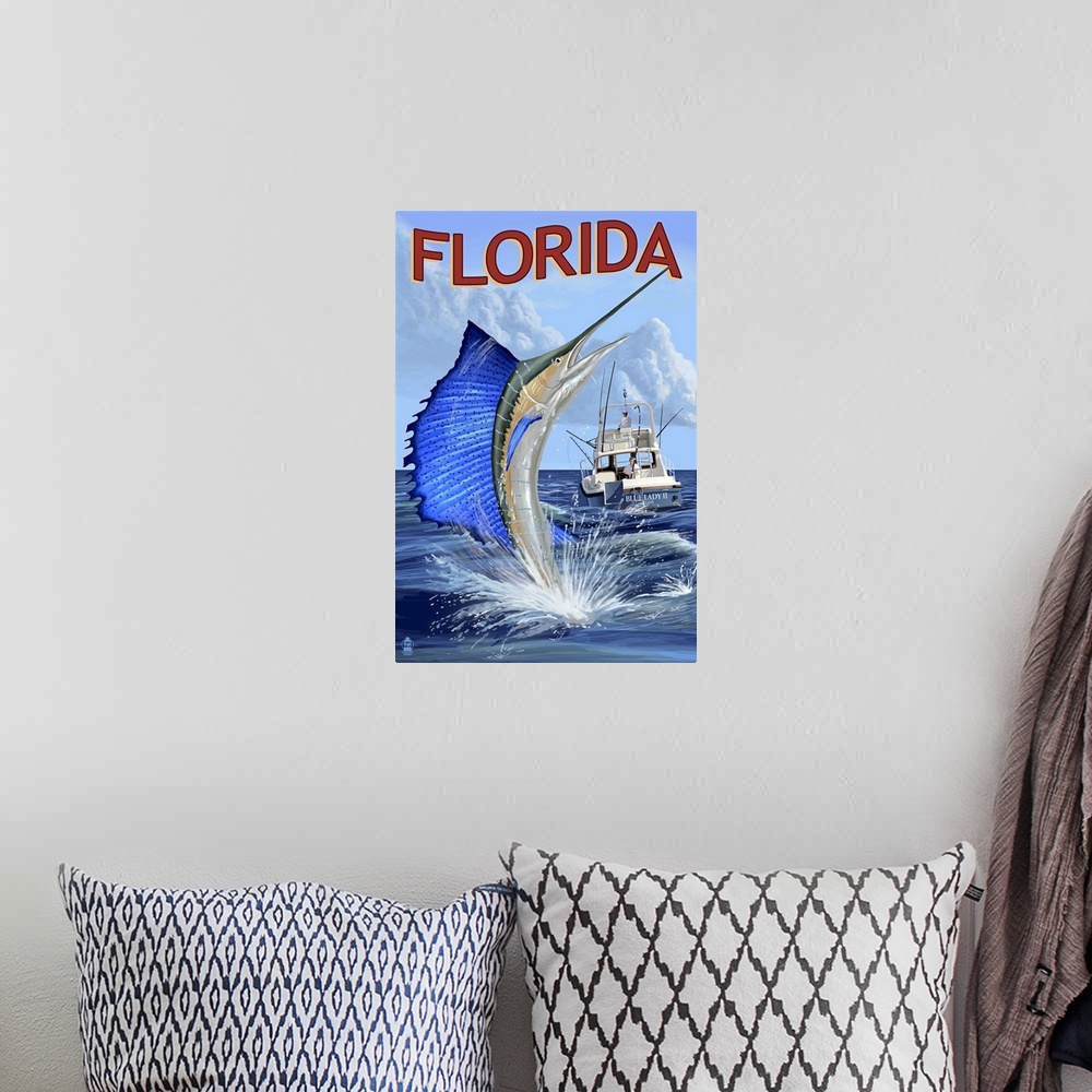 A bohemian room featuring Florida - Sailfish Scene: Retro Travel Poster