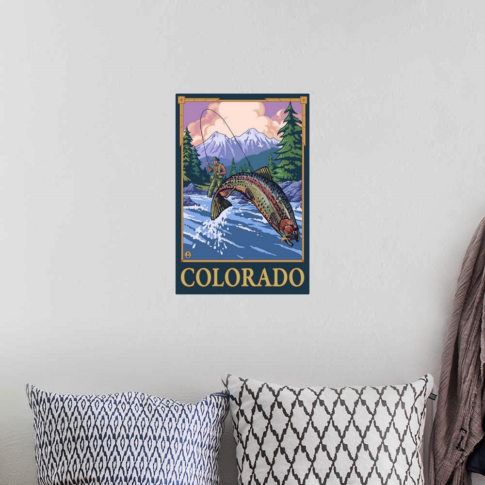A bohemian room featuring Fly Fisherman - Colorado: Retro Travel Poster