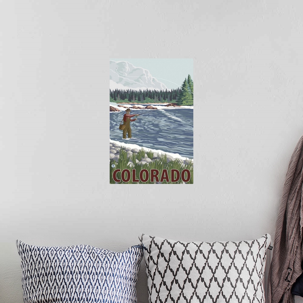 A bohemian room featuring Fly Fishing Scene - Colorado: Retro Travel Poster