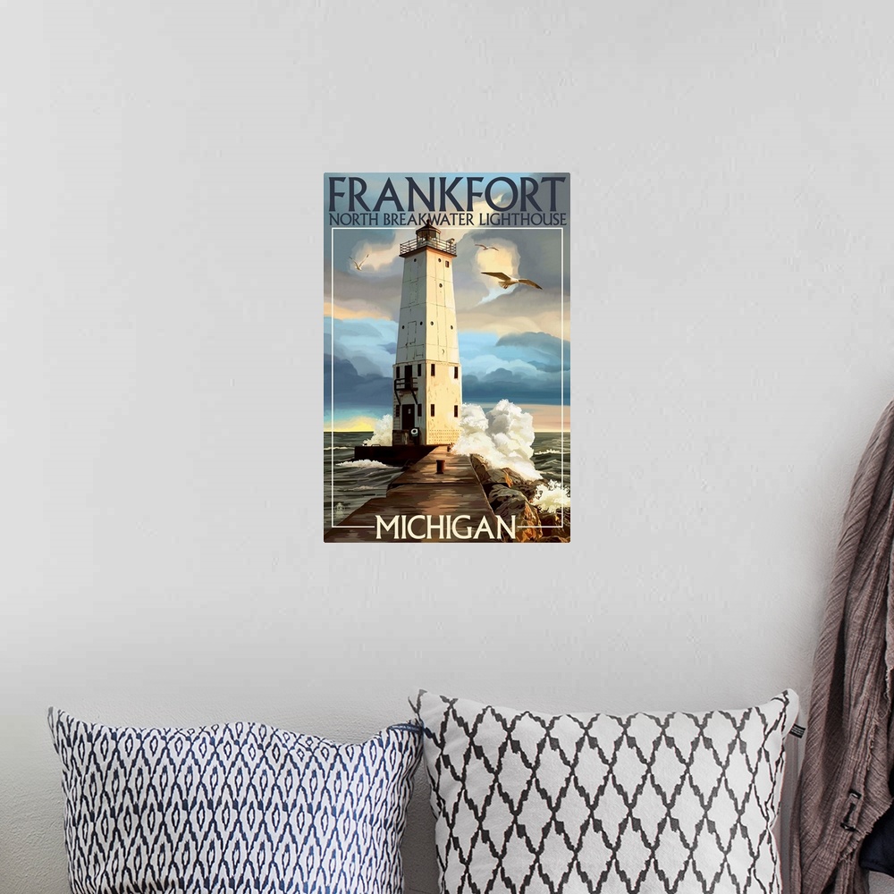 A bohemian room featuring Retro stylized art poster of a lighthouse in a rocky coast, overlooking the ocean.