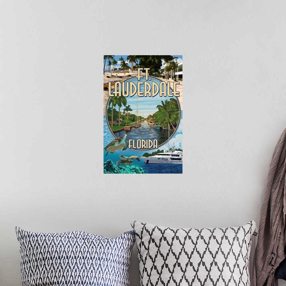 A bohemian room featuring Retro stylized art poster of different scenes from Fort Lauderdale.