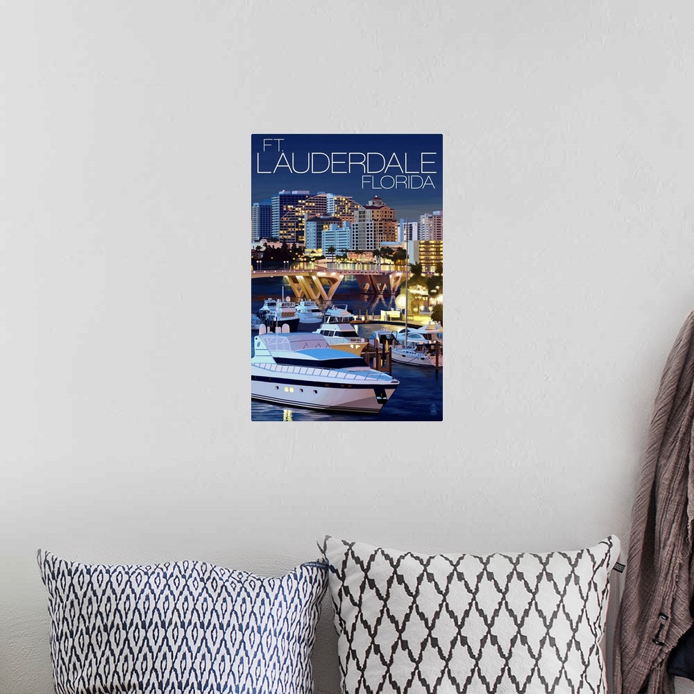 A bohemian room featuring Retro stylized art poster of different scenes from Fort Lauderdale waterfront.