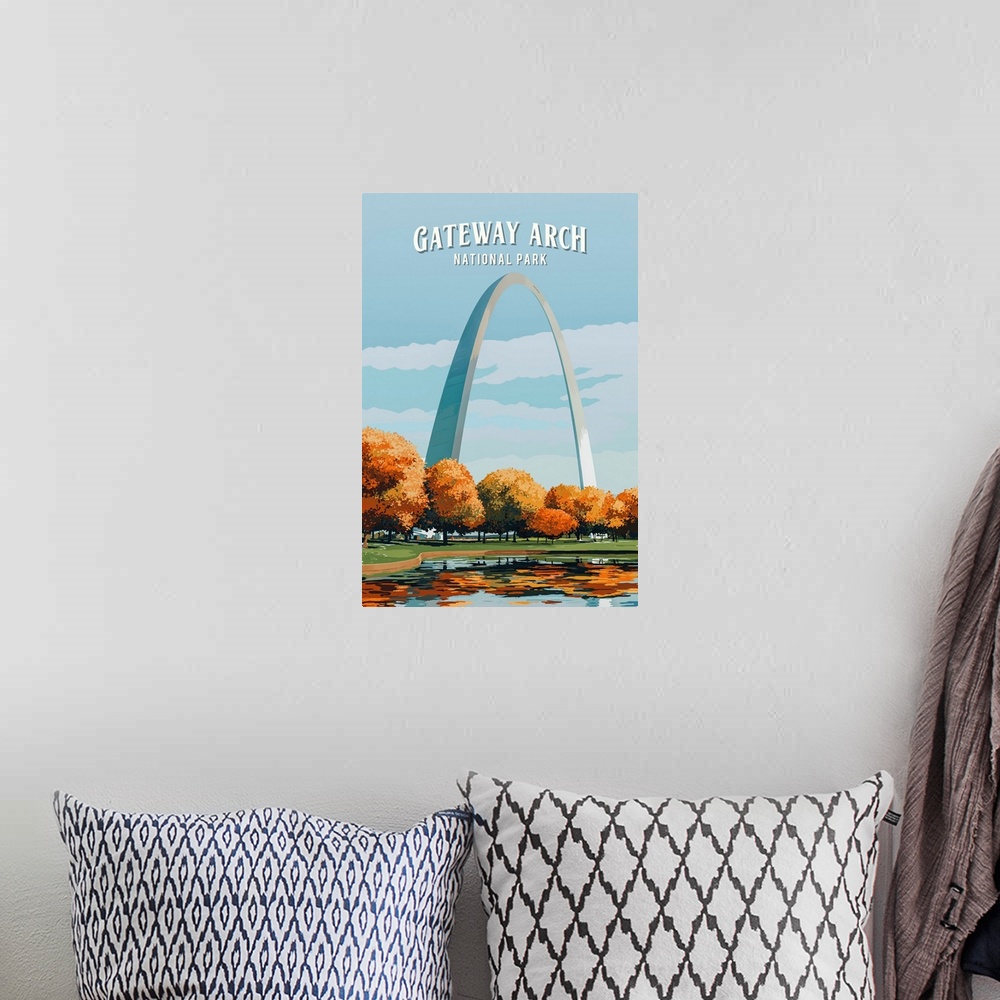 A bohemian room featuring Gateway Arch National Park, Gateway Arch Park: Retro Travel Poster