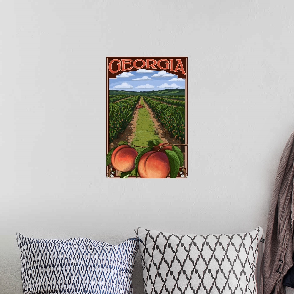 A bohemian room featuring Georgia - Peach Orchard Scene: Retro Travel Poster