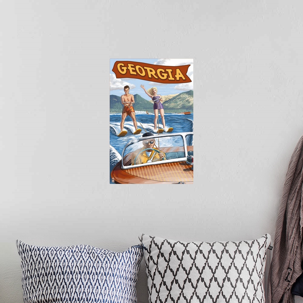 A bohemian room featuring Retro stylized art poster of a happy couple waterskiing, being pulled by a wooden speed boat.