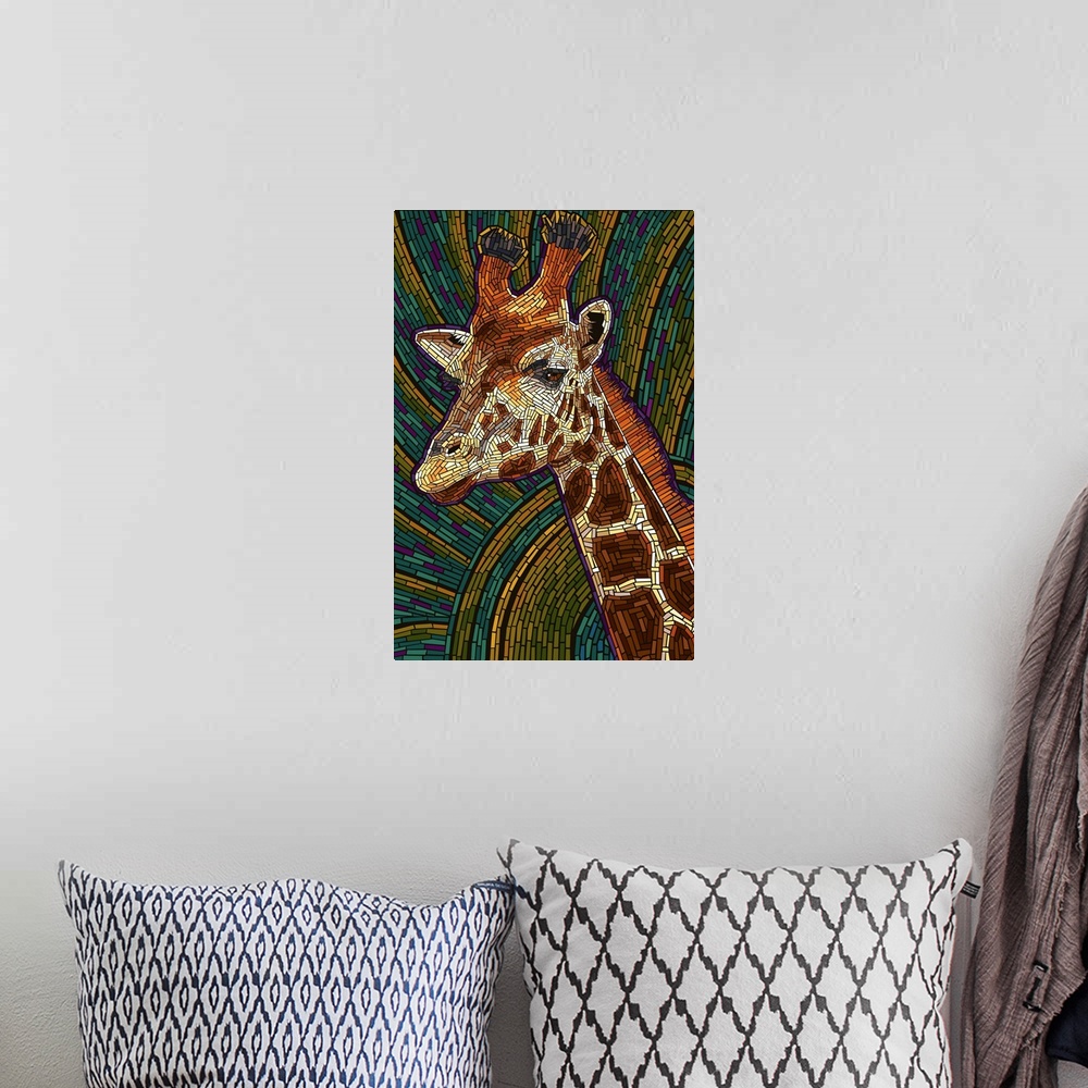 A bohemian room featuring Giraffe - Paper Mosaic: Retro Art Poster