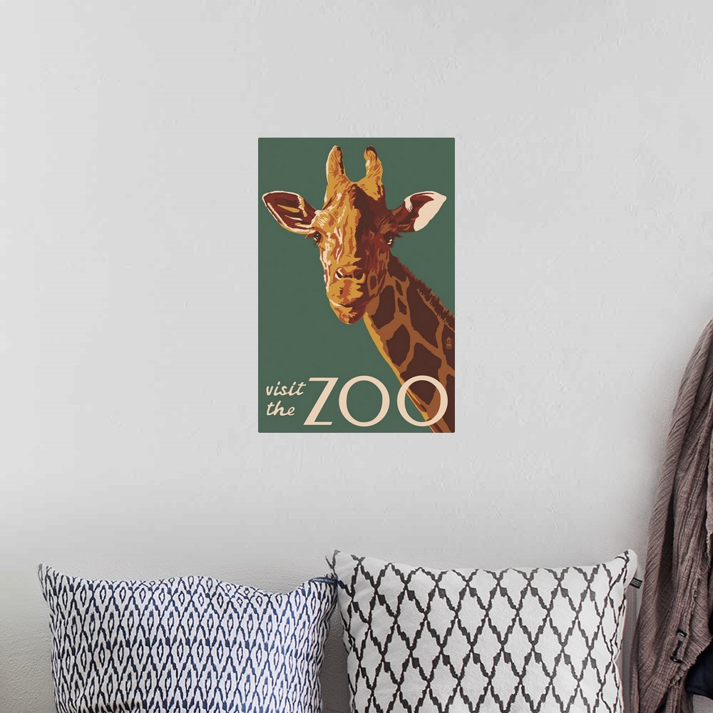 A bohemian room featuring Giraffe Up Close - Visit the Zoo: Retro Travel Poster